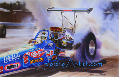 Tom "Mongoose" McEwen's 72 "Hot Wheels" Dragster...Drag Racing Art by David Carl Peters