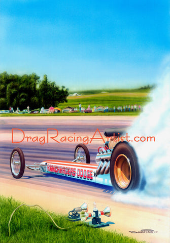 "THUNDER ON THE FARM!"  "Ramchargers" dragster driven by Don Westerdale.... Drag Racing Art