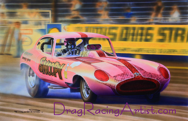 Sheldon Konblett's "Snoopy" Jaguar XKE Funny Car...Drag Racing Art Print