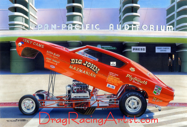 "Big Red".....“Big John” Mazmanian's 68/69 Barracuda FC.... Drag Racing Art