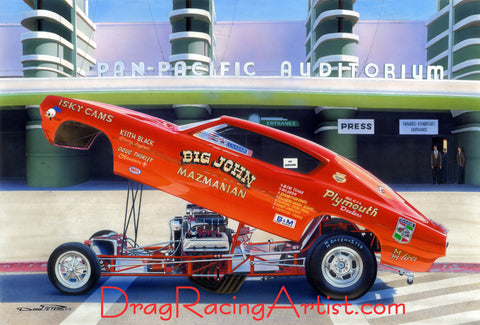 "Big Red".....“Big John” Mazmanian's 68/69 Barracuda FC.... Drag Racing Art