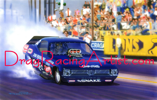 Don "The Snake" Prudhomme's 1972  "Hot Wheels" Plymouth Cuda. The " Black Snake".... Drag Racing Art