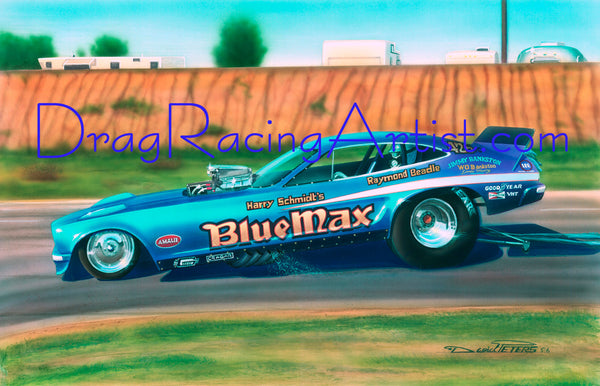 "B-Max at the OC.!"...  Raymond Beadle's Blue max Mustang II.... Drag Racing Art
