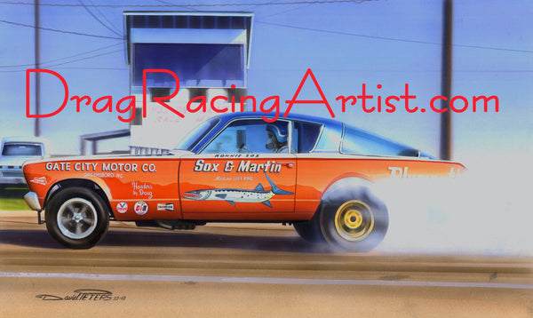 "BURNOUTACUDA"   Sox & Martin's 66 Nitro Barracuda.... Drag Racing Art