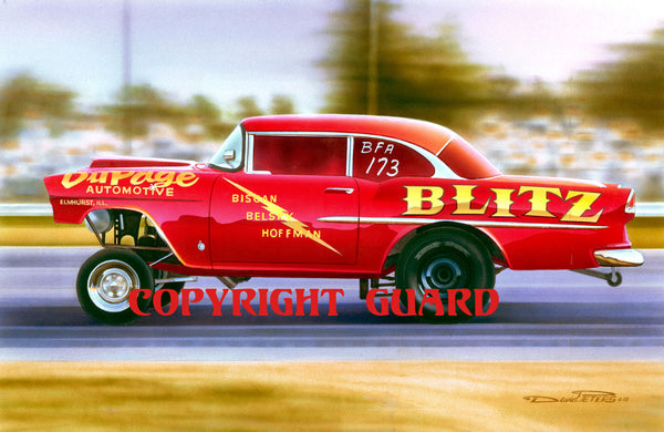 "CHERRY 55 "  Biscan, Belsky & Hoffman's "DuPage Automotive" 55 Chevy "Blitz".... Drag Racing Art