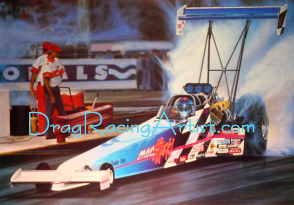 The Atomac Attack" ..Cory Mac "Signed" Blue Checkered Top Fueler....Drag Racing Art