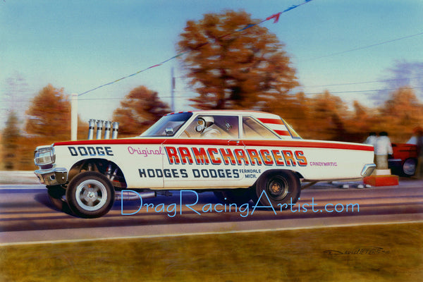 "Ferndale Candy "   Jim Thornton driving the "Ramchargers" 65 FX Dodge.... Drag Racing Art