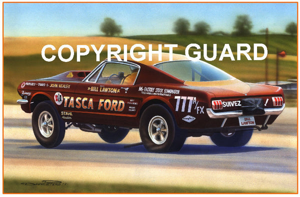"FIRST STANG"  Bill Lawton's 65 "Tasca" FX Mustang.... Drag Racing Art
