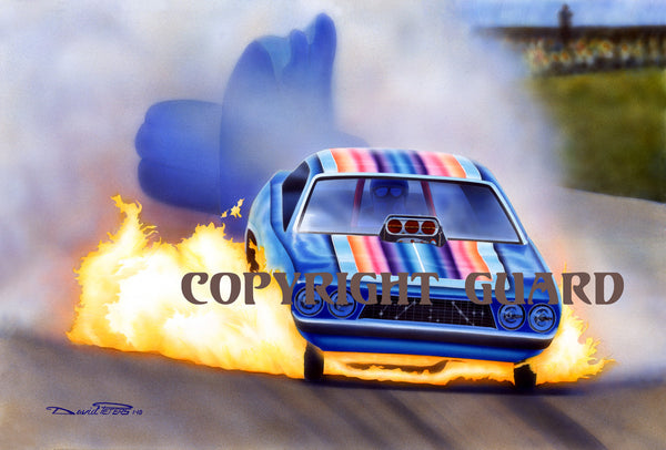 "Flame Broiled Flopper"   Roger Lindmood "Color Me Gone"  Challenger.... Drag Racing Art