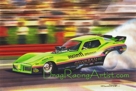 "Green Hawaiian"  Roland Leong's "Avanti" Corvette.... Drag Racing Art