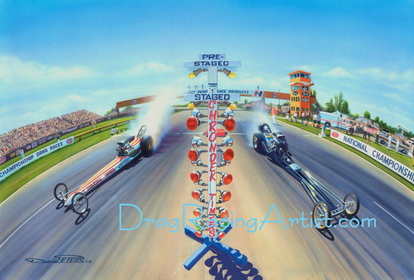 "HOOSIER THUNDER! " Indy 1968.. Ramchargers vs. Hawaiian.... Drag Racing Art