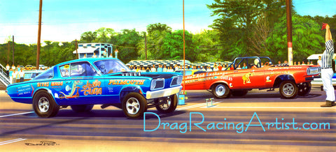"The Longhorn and the Mule"      Ray Capps vs. Doc Spence.... Drag Racing Art