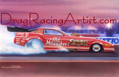 "Old Red" ..Mark Oswald boiling the hides in Candies & Hughes 1986 Trans Am..... Drag Racing Art