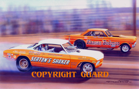 "Orange Crates"  Jay Howell vs Ted De Tar..Drag Racing Art Print by David Carl Peters