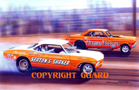 Orange Crates....Pete Seaton's Corvair vs. Ted Detar's Falcon..... Drag Racing Art