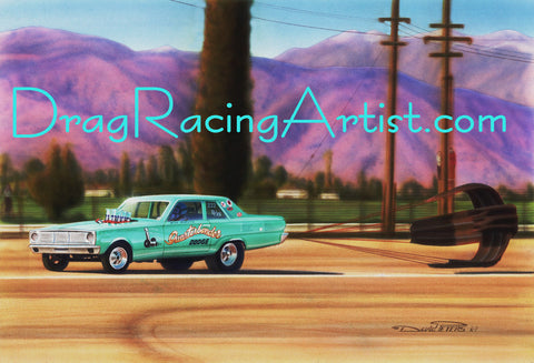 Plumber at Pomona!   Bill Rieck's immaculate Aqua colored 66 Dodge Dart.... Drag Racing Art