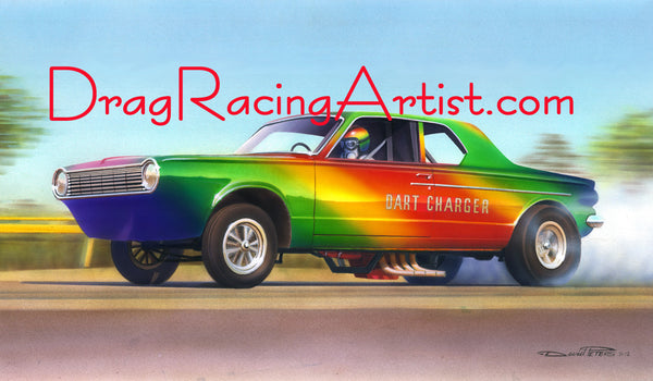 "Rainbow Charger"  Dick Branstner's Dodge Dart.... Drag Racing Art