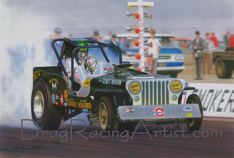 The " Secret Weapon" ..."General" Roger Wilford and "Private" Ed Lenarth's  Jeep Funny Car.... Drag Racing Art