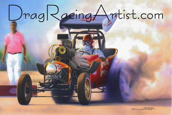 "Willy Hang On!"   Marcellus & Borsch "Winged Express" Fuel Altered.... Drag Racing Art