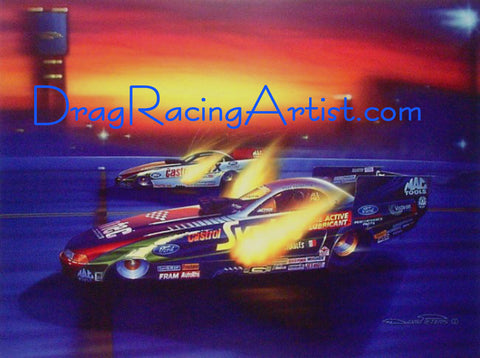 "Tony Forces the Issue". John Force vs Tony Pedregon (Signed by Both) Limited Edition Print.... Drag Racing Art