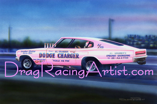 A Touch of Pink ! ....Al Graeber's 1966 "Tickle Me Pink" Dodge Charger f/x match racer... Drag Racing Art